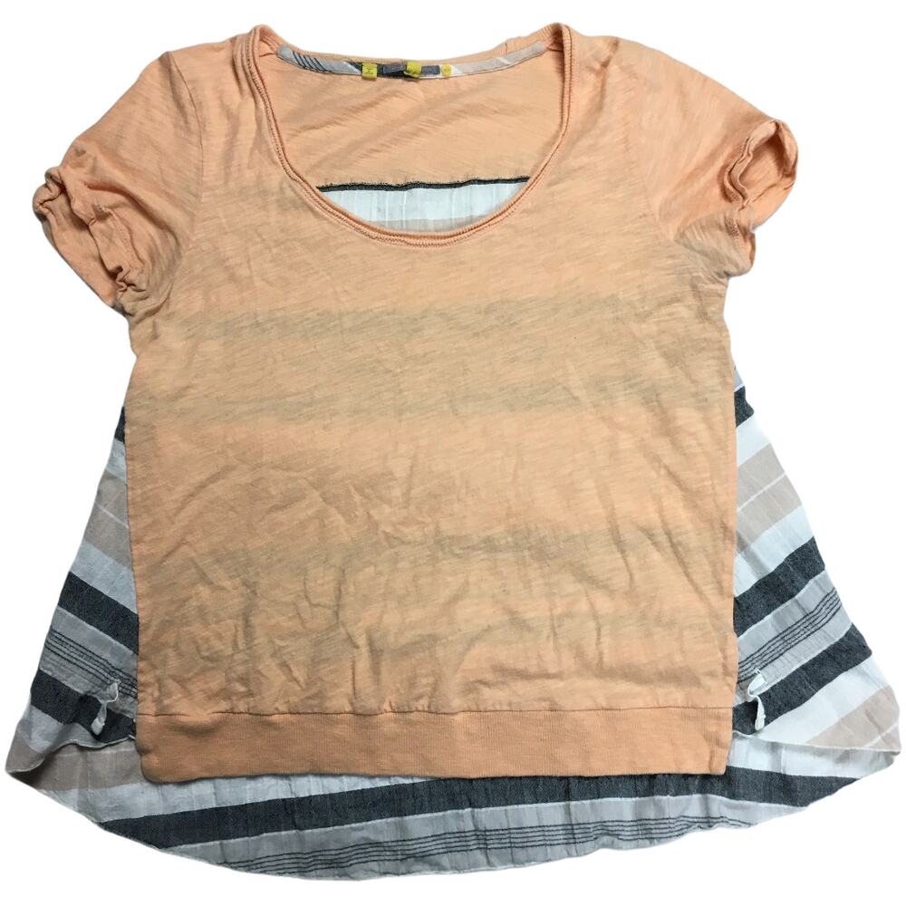 Anthropologie‎ Little Yellow Button Top Orange Contrast Stripe Cinch Back Tee S